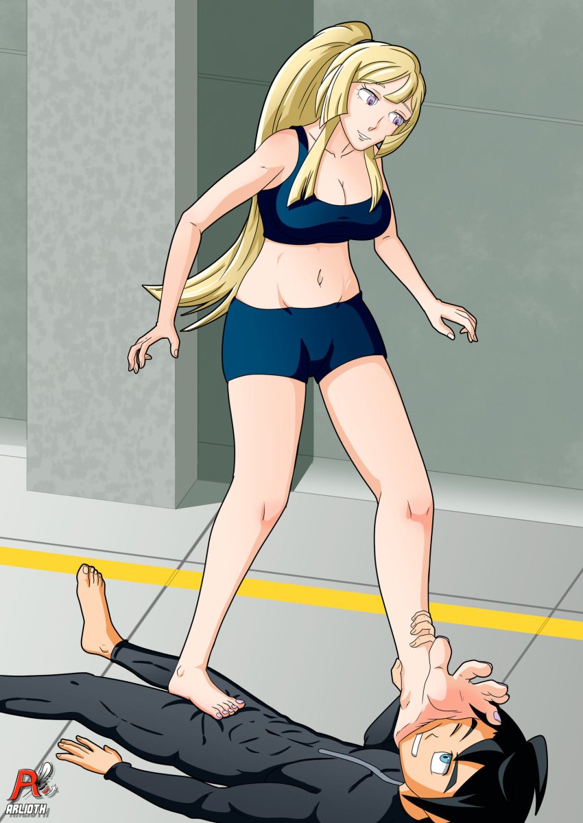 1boy 1girls arlioth barefoot bodysuit denki_anma dominant_female flexible_toes foot_domination foot_fetish footjob footjob_over_clothes gundam gundam_tekketsu_no_orphans kudelia_aina_bernstein mikazuki_augus short_male standing standing_footjob stepped_on stepping_on_face stepping_on_male stepping_on_penis submissive_male tall_female taller_female taller_girl trample trampling underwear