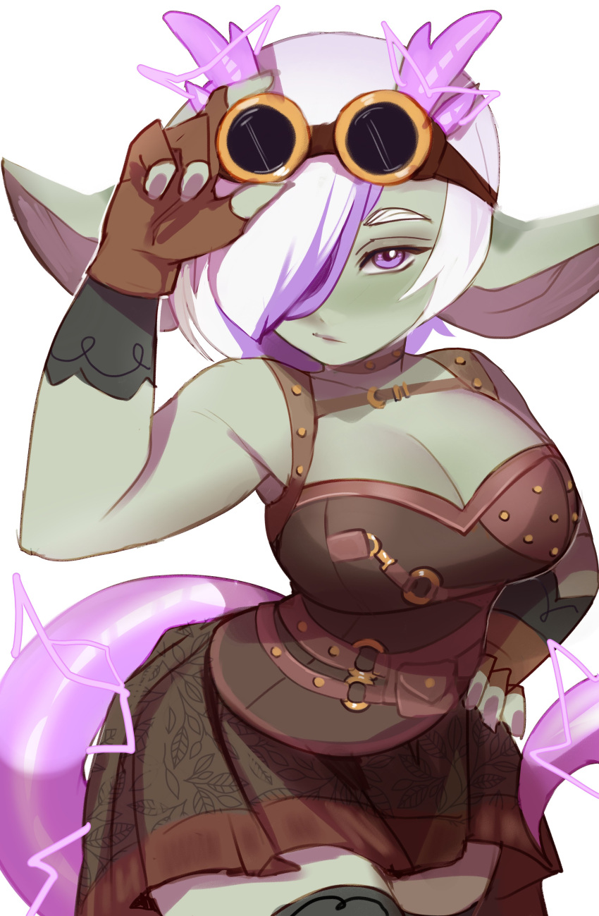 1girls absurd_res clothing female female_only glasses glasses_off goblin goblin_female gobtober gobtober_2023 goggles green_skin hair_over_one_eye looking_at_viewer maewix1 pointy_ears pouches purple_eyes purple_highlights solo steampunk white_background white_hair