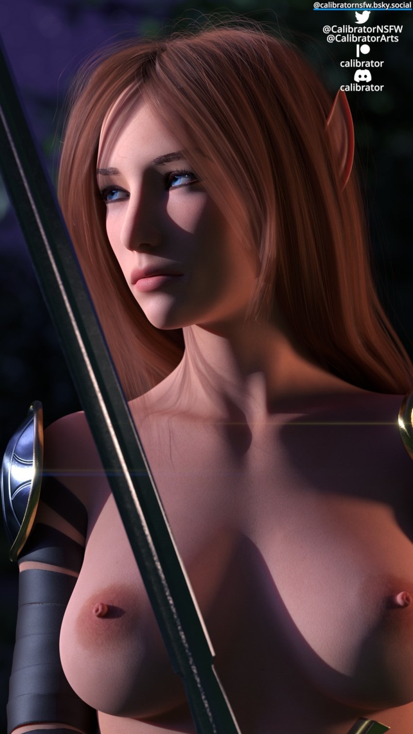 1girl 1girls 3d areolae aribeth_de_tylmarande armor blue_eyes breasts calibrator close-up dungeons_and_dragons elf elf_ears elf_female elf_girl fantasy forest forgotten_realms half-elf neverwinter_nights nipples orange_hair pinup skimpy_armor solo sword