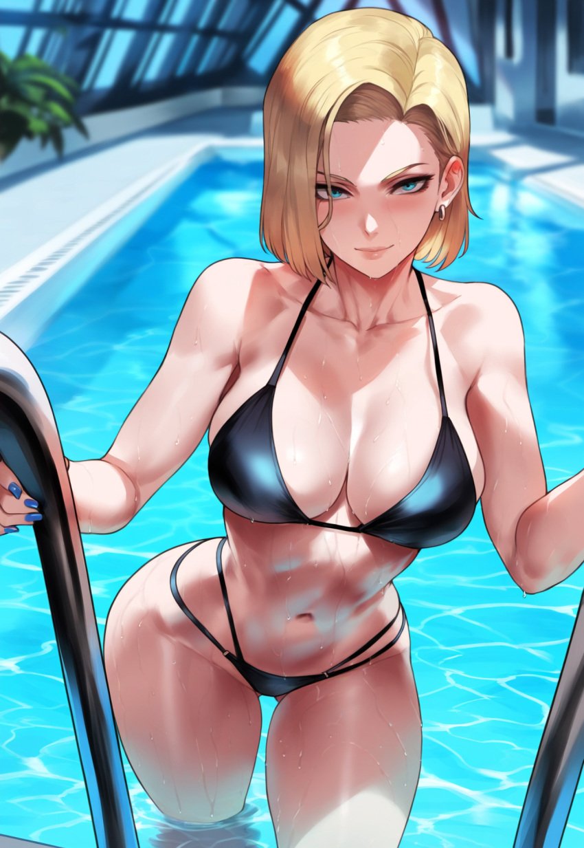 1girl 1girls ai_generated android android_18 android_girl belly_button big_boobs big_breasts bikini bikini_bottom bikini_top black_bikini black_bikini_bottom black_bikini_top blonde blonde_female blonde_hair blonde_hair_female blue_nail_polish blue_nails blue_sky blue_sky_background blurred_background blurry blurry_background blush boobs breasts cleavage dragon_ball dragon_ball_super dragon_ball_z earring earrings eyelashes female female_focus female_only hips light-skinned_female light_skin medium_hair milf mogu-tyan mother plant sky smile swimming_pool swimsuit swimwear thick thick_hips thick_legs thick_thighs unseen_male_face water wet wet_bikini wet_body wet_skin wife