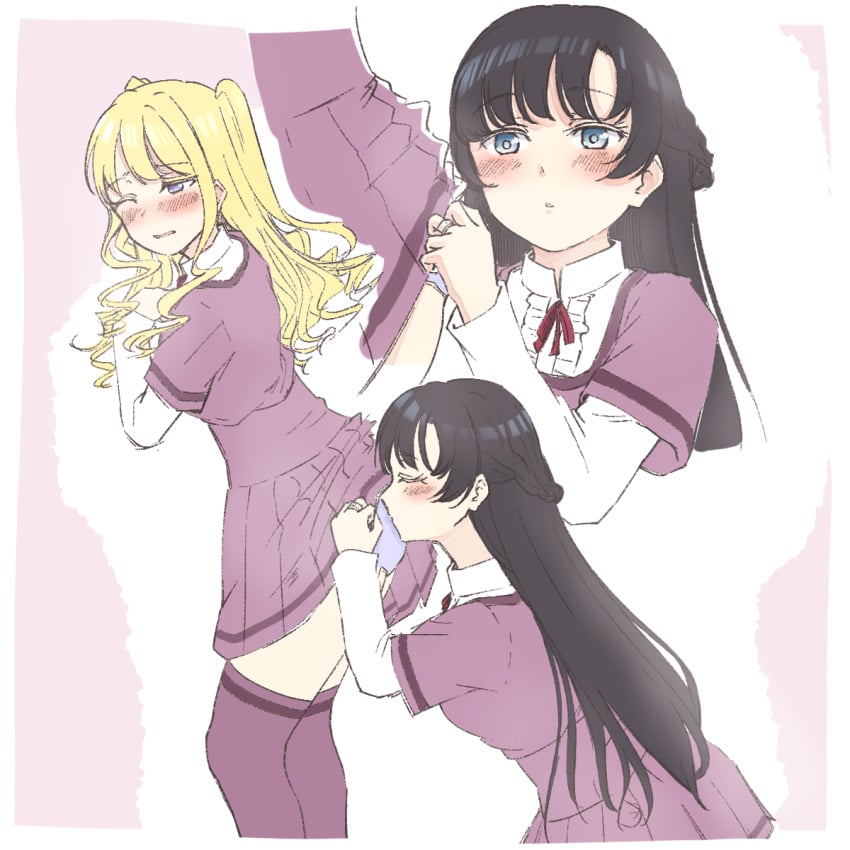 2girls ami_ria ass ass_focus ass_grab ass_up black_hair blonde_hair blue_eyes female female_only hand_on_ass hand_on_butt human human_only kissing kissing_ass kozue_mayu long_hair looking_at_viewer magia_record:_mahou_shoujo_madoka_magica_gaiden magical_girl mahou_shoujo_madoka_magica multiple_girls pervert puella_magi_madoka_magica ria_ami sansho_mesp smile very_long_hair young yuri