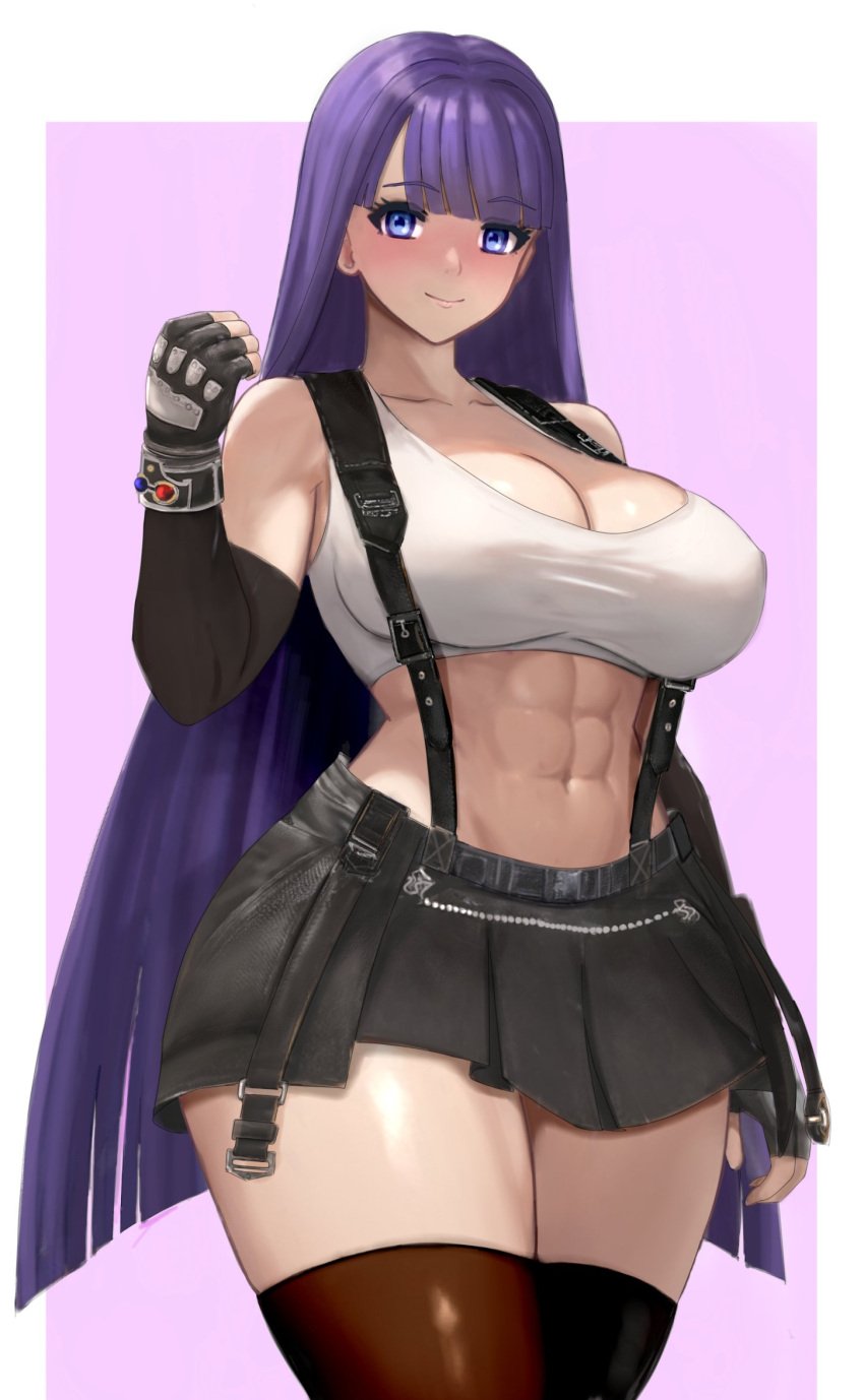 1girls abs bare_shoulders big_breasts black_fingerless_gloves black_skirt black_suspenders blue_eyes cleavage clothed clothed_female clothing fate/grand_order fate_(series) female female_only final_fantasy final_fantasy_vii fingerless_gloves light-skinned_female light_skin light_skinned_female long_black_gloves long_gloves long_hair martha_(fate) midriff muscular muscular_female navel purple_hair raskasar saint_martha skirt solo solo_female stockings suspenders tifa_lockhart_(cosplay) white_top white_topwear