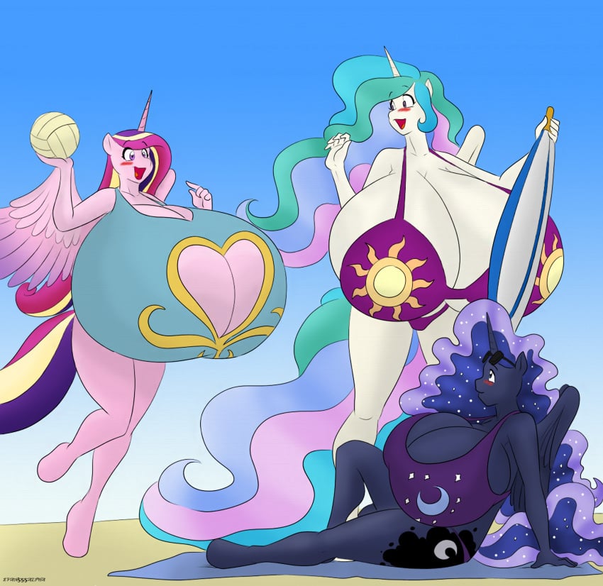 alicorn alicorn anthro big_breasts bikini breasts cleavage clothed clothing color colored edit equid evan555alpha female friendship_is_magic hasbro hi_res horn huge_breasts hyper hyper_breasts mammal marauder6272 my_little_pony princess_cadance_(mlp) princess_celestia_(mlp) princess_luna_(mlp) sibling sister sisters swimwear wings