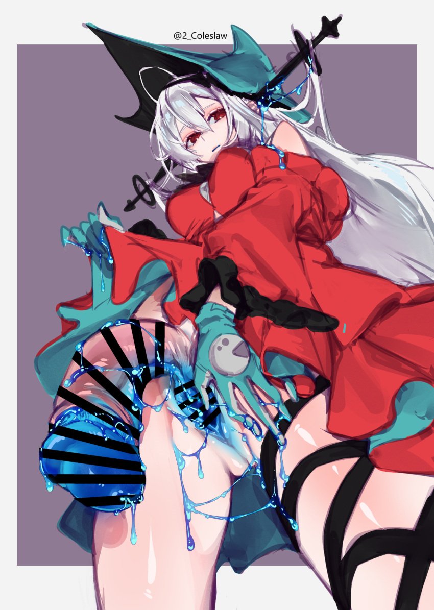 1futa arknights bar_censor blue_gloves bottomless breasts censored closed_mouth clothed clothes_lift clothing dress dress_lift erection from_below futa_only futa_sans_balls futanari gloves grey_hair hair_between_eyes hat highres huge_cock humanoid intravaginal_futanari lifted_by_self light-skinned_futanari light_skin long_hair long_sleeves looking_at_viewer looking_down low-angle_view mirin_chikuwa mostly_clothed penis pussy red_dress skadi_(arknights) skadi_the_corrupting_heart_(arknights) solo standing wide_sleeves