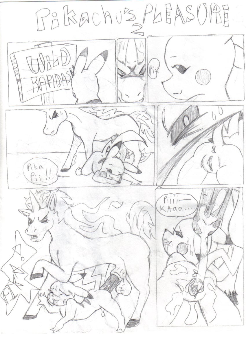 anthro anus ass comic cum cum_in_pussy cum_inside erection female fiery_mane fiery_tail fur furry furry_ass furry_ears furry_tail horn interspecies male male_rapidash mane monochrome nintendo nude open_eyes penis pikachu pikachu's_pleasure pointy_ears pokémon_(species) pokemon presenting pussy rapidash sex sign size_difference sketch straight tail testicles text vaginal_penetration vulva