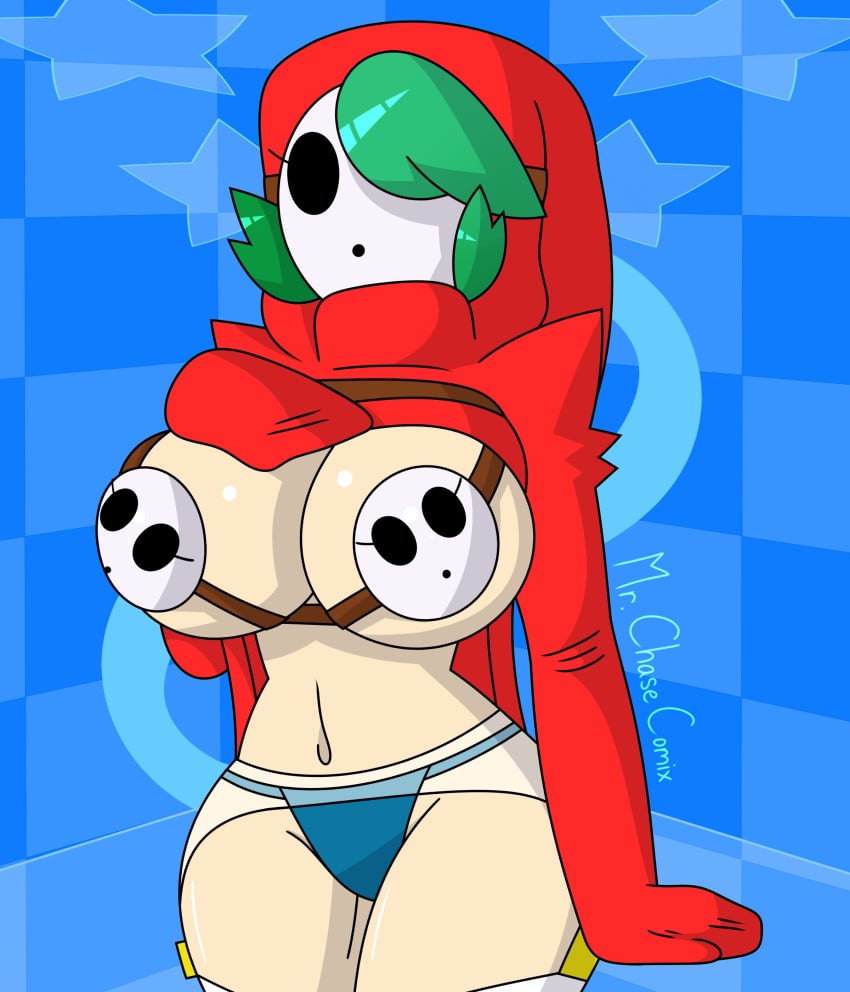 1girls alternate_version_available belt big_breasts big_thighs bimbo blue_background blue_panties bra breast_focus breasts busty cleavage curvy female female_only garter garter_belt garter_straps green_hair hair_over_one_eye hand_on_chest light-skinned_female light_skin mario_(series) mask mr._chase_comix nintendo panties red_robe robe robe_lift shy_gal shy_gal_bra shy_gal_dance_(minus8) shy_gal_red solo stockings thick thick_hips thick_thighs thighhighs thighs white_garter white_stockings white_thighhighs wide_hips