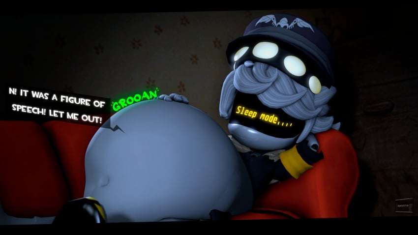 1boy 1boy1girl 1girls 3d anxxyo belly belly_bulge endosoma female glitch_productions hat humanoid male male_pred murder_drones n_(murder_drones) robot robot_humanoid robot_pred robot_prey screen_face sfm sleeping source_filmmaker text text_bubble uzi_(murder_drones) vore white_hair yellow_eyes