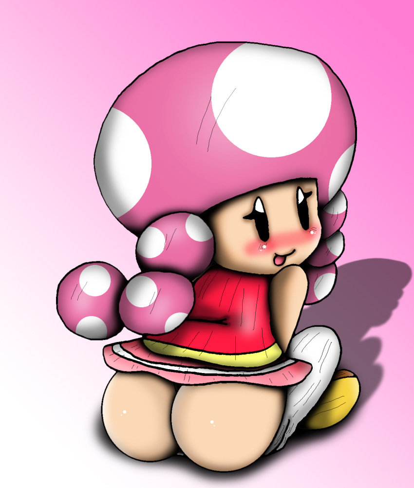 1girls ass bare_shoulders black_eyes blush brown_shoes bubble_ass bubble_butt clothing dat_ass dress_shirt female female_only humanoid licking_lips light-skinned_female light_skin looking_at_viewer looking_back looking_back_at_viewer mario_(series) mushroom_humanoid nintendo no_nose pants pants_down pink_dress pink_shirt rokku-d shoes shortstack sitting solo thick thick_ass thick_butt thick_hips thick_thighs thighs toadette twintails vest white_pants wide_hips