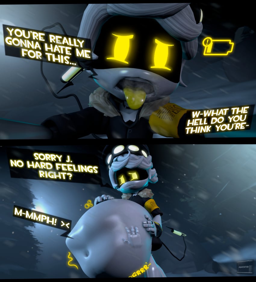 1boy 1boy1girl 1girls 3d anxxyo belly belly_bulge female female_prey glitch_productions hand_print_on_stomach hat j_(murder_drones) male male_pred murder_drones n_(murder_drones) pov robot sfm source_filmmaker tail text text_box tongue tongue_out vore white_hair yellow_eyes