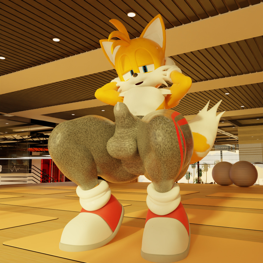 3d blender blender_cycles bulge cum_in_pants eggsaladsandwich erection erection_under_clothes gym looking_at_viewer male male_only solo sonic_(series) sonic_the_hedgehog_(series) squatting tagme tails tails_the_fox working_out yoga_pants