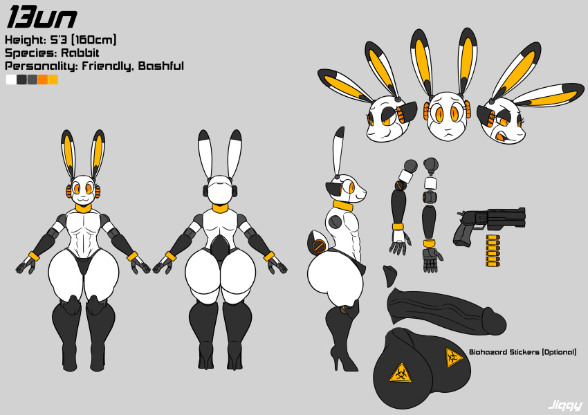 13un absurd_res anthro ass balls big_balls big_penis english_text genitals gun hi_res high_heels jiqqy lagomorph leporid machine male mammal model_sheet penis rabbit ranged_weapon robot solo text weapon white_body yellow_eyes