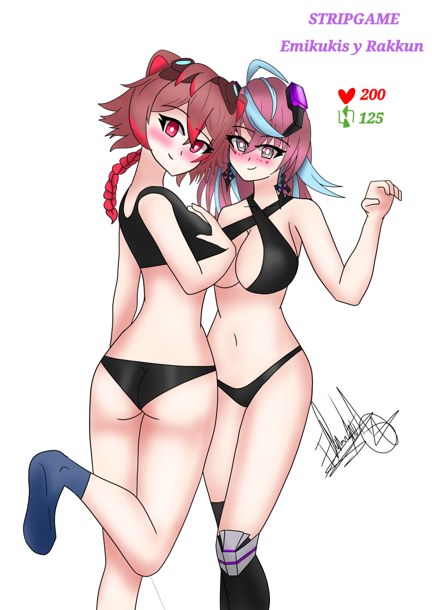 ass big_breasts black_bra black_panties bra brown_hair elmashoarts emikukis female female_only latam_virtual_youtuber panties rakkun red_eyes strip_game stripgame virtual_youtuber vtuber vtuberfanart