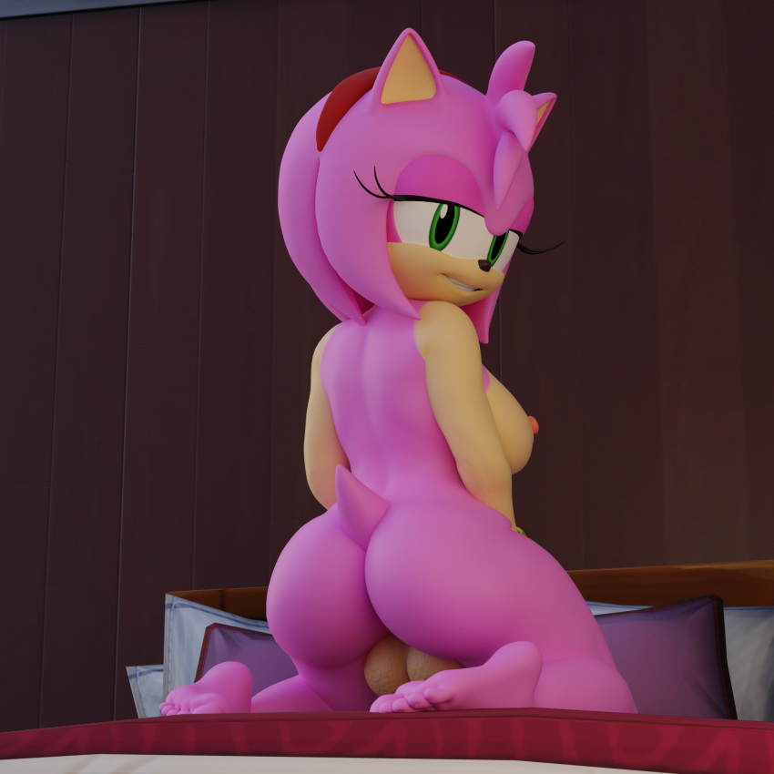 3d accessory amy_rose anthro ass balls barefoot bed digital_media eulipotyphlan feet furniture futanari genitals green_eyes gynomorph hair hair_accessory hairband hedgehog hi_res intersex kneeling looking_back mammal multicolored_body on_bed pink_body pink_hair sega smile soles solo sonic_(series) sonic_the_hedgehog_(series) tan_body toes twintails3d two_tone_body