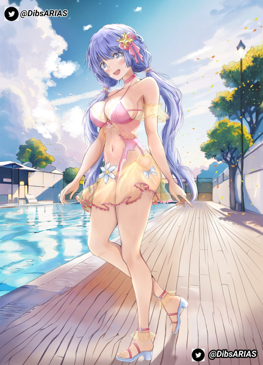 2d 2d_(artwork) belly belly_button big_breasts bikini blush breasts date_a_live dibs_arias female_only flower grey_eyes grey_hair high_heels izayoi_miku light-skinned_female long_hair pool smile solo solo_female thighs tree trees