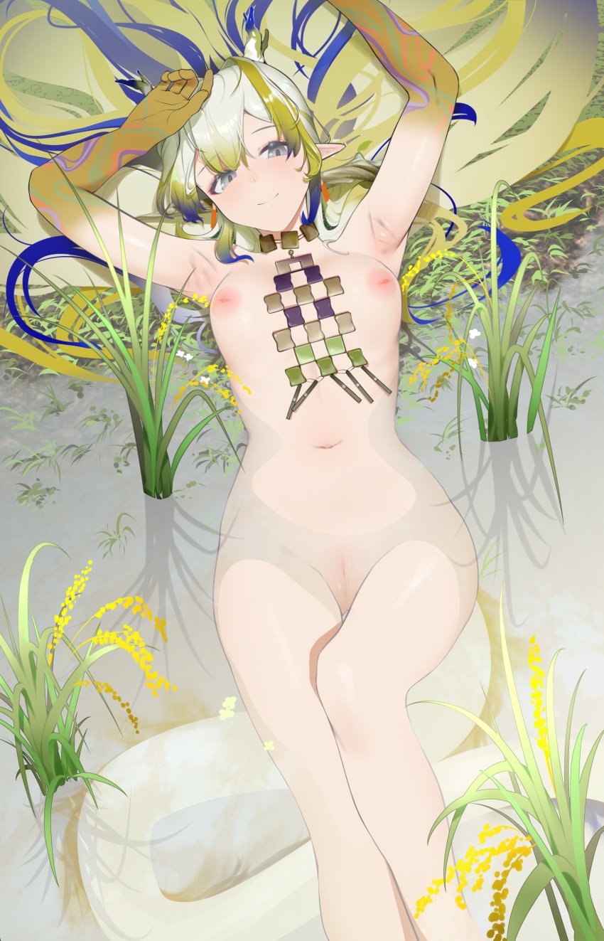 1girls absurdres arknights armpits blue_eyes blue_hair breasts chinese_commentary colored_skin commentary_request completely_nude earrings facing_viewer female green_eyes green_skin highres inverted_nipples jewelry long_hair looking_at_viewer multicolored_hair navel necklace nude partially_submerged pointy_ears pussy rice_field rice_paddy shu_(arknights) smile solo tail uncensored vamjulian very_long_hair white_hair