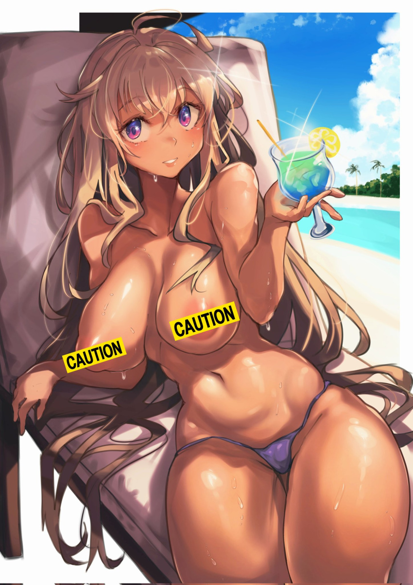 1girls bare_arms bare_belly bare_breasts bare_hands bare_shoulder bare_shoulders bare_stomach bare_thighs big_breasts bikini blue_sky breasts cloud clouds cloudy_sky drink eyebrows_visible_through_hair female female_only hair_between_eyes hourglass_figure huge_breast iparuputsua large_breasts lemon long_hair long_hair_female massive_breasts navel nipples no_bra palm_tree palm_trees palms panties panties_only pointy_chin purple_panties sky straw thick_thighs thighs topless topless_female tree woman