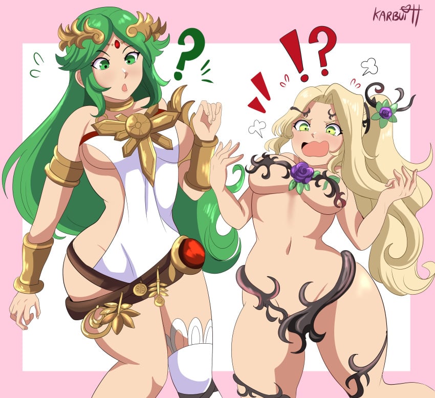 almost_naked alternate_costume aqua_face blonde_hair blush female green_eyes green_hair karbuitt kid_icarus kid_icarus_uprising nintendo palutena ponytail shocked tiara viridi yellow_eyes