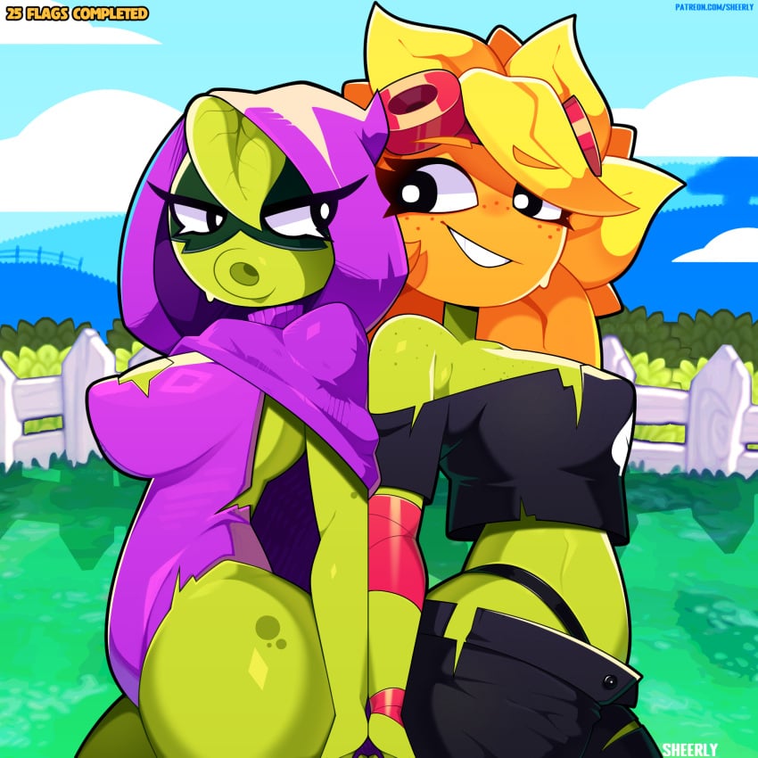 2girls beauty_mark big_breasts black_clothing black_eyes bodysuit damaged_clothes eyelashes female goggles_on_head green_hair green_shadow_(pvz) green_skin hood_up mole peashooter_(pvz) plant plant_girl plants_vs_zombies plants_vs_zombies:_heroes self_upload sheerly smile solar_flare_(pvz) sunflower_(pvz) text thick_ass yellow_hair