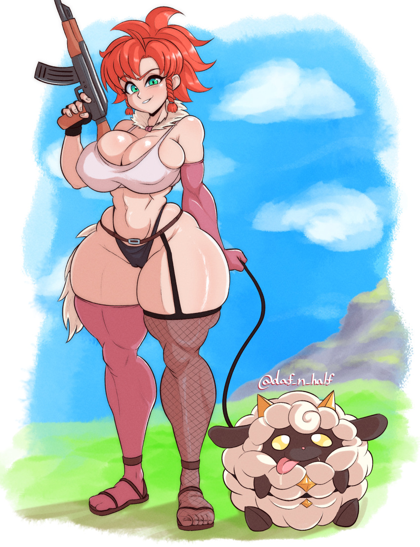 ak-47 ass big_ass big_breasts big_thighs biting_lip breasts collar daf_n_half dog_collar female gigantic_ass gloves green_eyes gun holding_gun huge_ass huge_breasts huge_thighs lamball leash looking_at_viewer multicolored_eyes nature_background orange_hair pal_(species) pal_tamer palworld red_hair sheep slutty_clothing slutty_outfit stockings thick_hips thick_thighs thighhighs thighs yellow_eyes