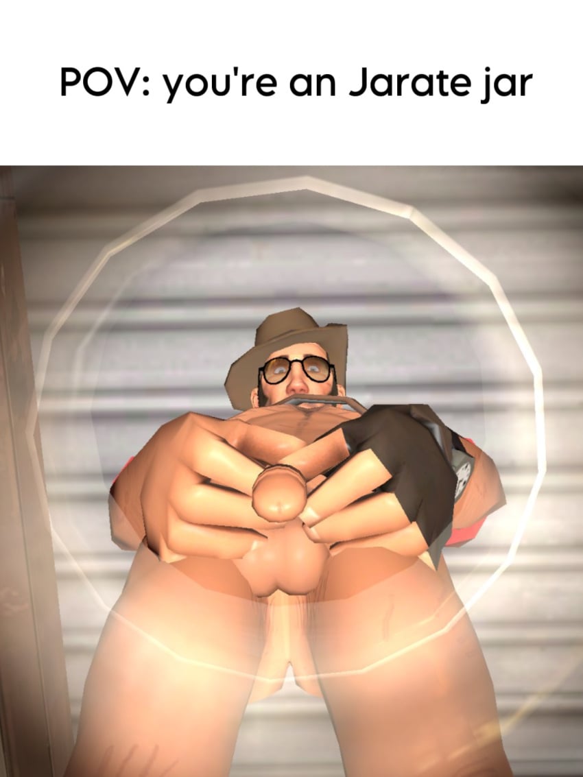 balls ballsack dick garry's_mod gmod holding_penis jar looking_down male male_only meme meme_caption naked naked_male nude nude_male peeing penis pov sniper sniper_(team_fortress_2) team_fortress_2 text tf2 urine valve