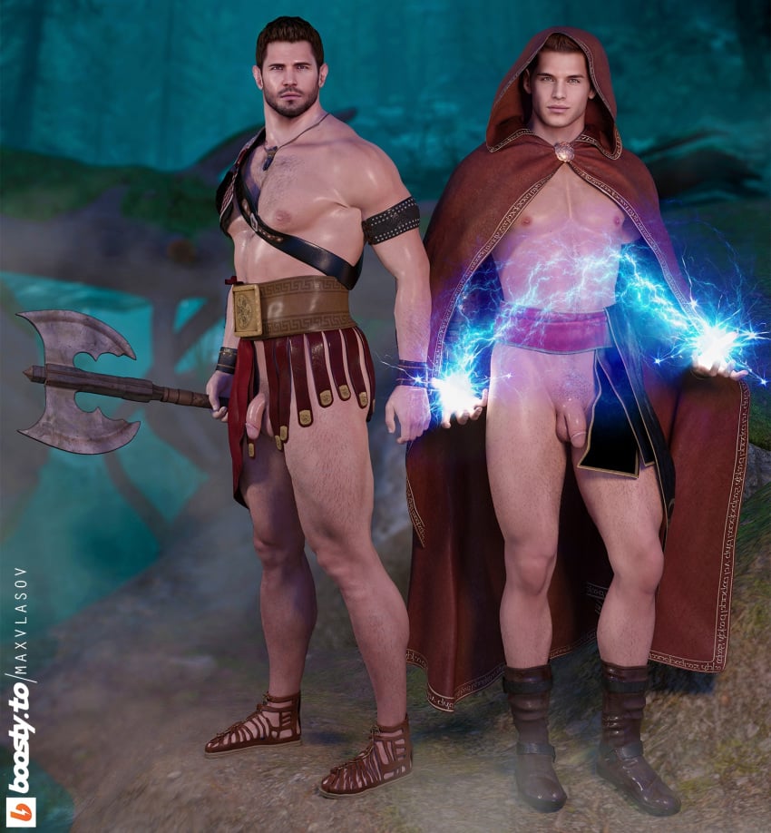 2boys 2humans 2males 3d 3d_(artwork) 3d_model alternate_universe barbarian capcom chris_redfield flaccid flaccid_cock flaccid_penis hairy hairy_body hairy_chest lean_body lean_muscle mage male/male maxvlasov muscles muscular muscular_male outdoor_nudity outdoors piers_nivans resident_evil resident_evil_6 soft_penis warrior wizard