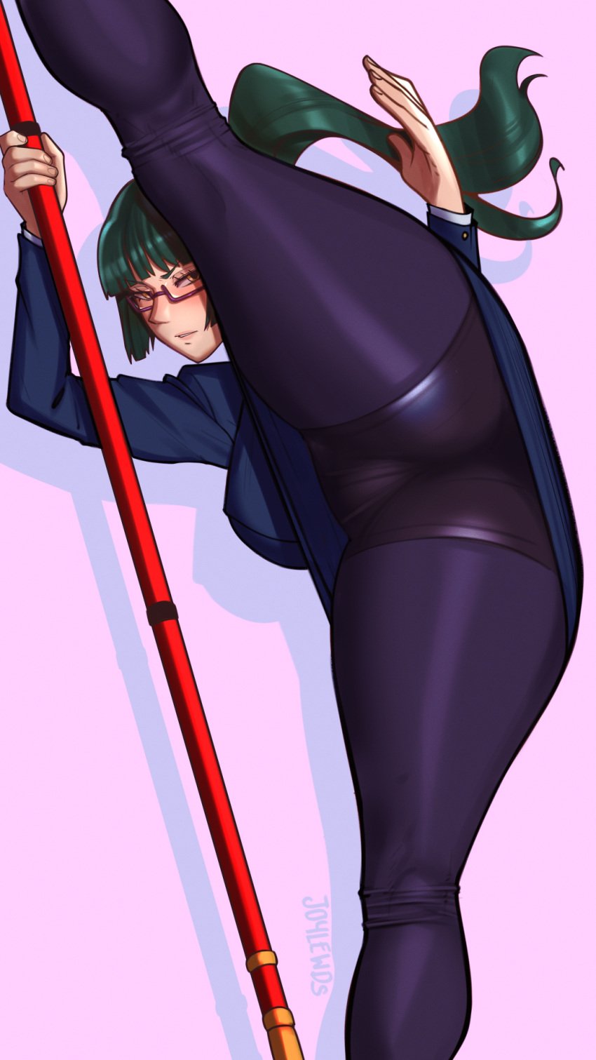 1girls ass big_ass big_butt blush blushing butt clothed female female_only flexible fully_clothed glasses green_hair joylewds jujutsu_kaisen leg_up legs legs_apart ponytail shounen_jump stretched stretching thick_thighs thighs weapon zenin_maki