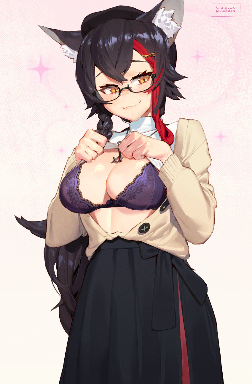 1girls :) big_breasts black_hair bra braided_hair breasts chest cleavage clothed ear_fluff fangs female female_only glasses hands_on_breasts hands_on_own_chest hat highres hololive hololive_gamers hololive_japan kemonomimi lace-trimmed_bra light-skinned_female long_hair long_skirt looking_at_viewer looking_down looking_down_at_viewer maiz-ken multicolored_hair ookami_mio open_clothes paw_pose presenting purple_bra skirt smile smug solo standing virtual_youtuber yellow_eyes