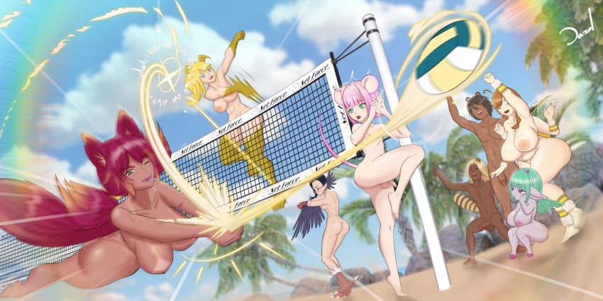 2boys 5girls animal_ears antennae asymmetrical_hair beach beach_ball beach_towel bee_girl big_breasts bikini bikini_bottom bikini_top blonde_female blonde_hair dark-skinned_female dark_skin dazol dog_ears dog_girl dog_tail ear_ring feathered_wings fox_ears fox_girl fox_humanoid fox_tail foxgirl glass glasses gloves goat_ears hiding hooves horns horns_and_hooves huge_breasts humanoid insect_girl insect_wings kaori_kurotori kemonomimi large_breasts levina_capra light-skinned_female light_skin lipstick looking_at_viewer makeup miela_honeywood original_character pointy_ears sand sea seaside short_stack shorts shortstack sitting steam steaming_body tagme toned toned_female underboob veronika_shaffer volleyball volleyball_(ball) volleyball_net white_hair winged_arms winged_humanoid wings