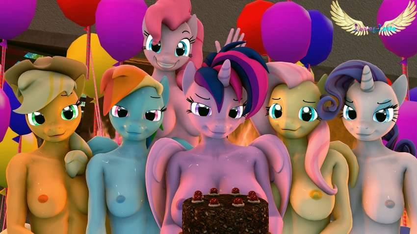 3d anthro applejack_(mlp) balloon breasts cake digital_media_(artwork) equid equine fluttershy_(mlp) food friendship_is_magic group hi_res horse loveslove mammal mane_six_(mlp) my_little_pony pinkie_pie_(mlp) rainbow_dash_(mlp) rarity_(mlp) twilight_sparkle_(mlp)