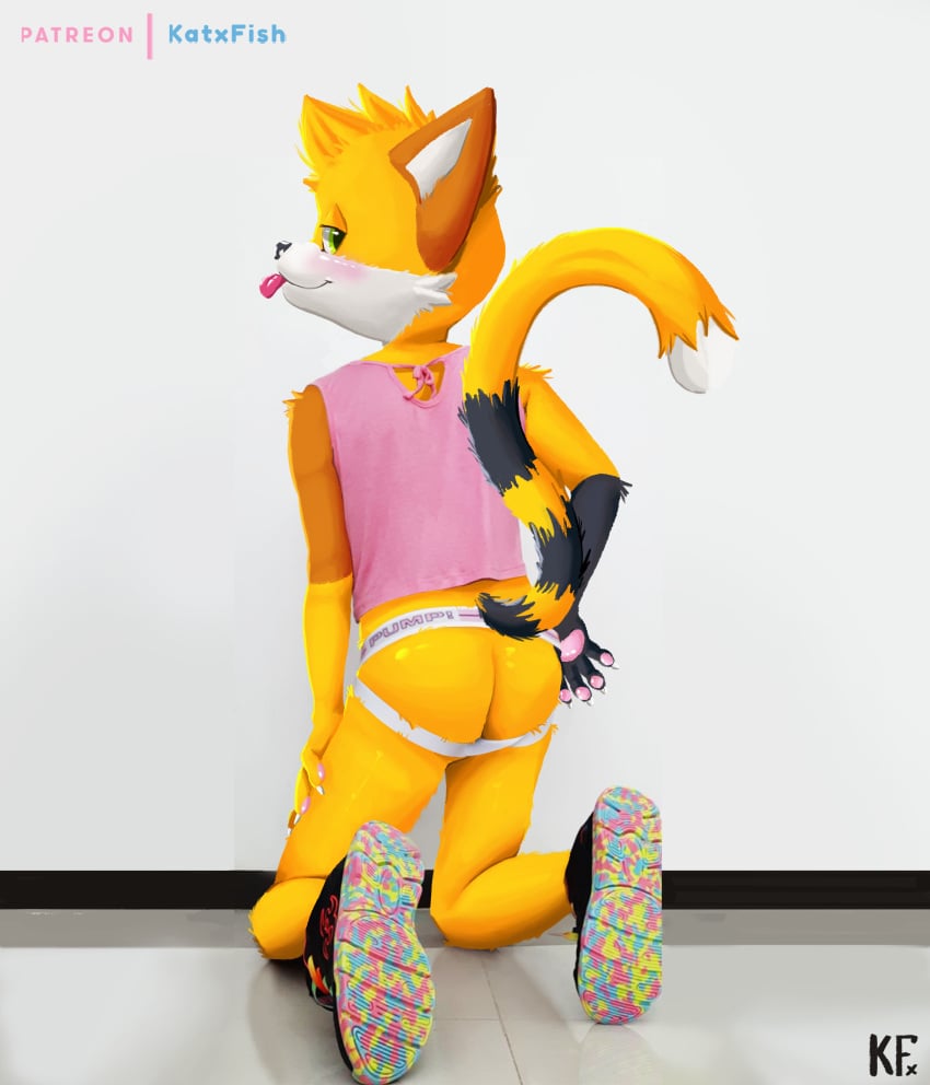 absurd_res anthro ass clothing domestic_cat draw_over felid feline felis footwear hi_res jockstrap katxfish katxlogan male mammal pink_clothing presenting presenting_hindquarters raised_tail shoes sneakers solo tail teasing tongue tongue_out underwear