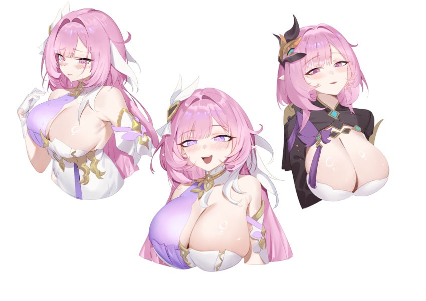 absurdres bare_shoulders blush breasts cleavage closed_mouth cropped_torso dress elysia_(herrscher_of_human:ego) elysia_(honkai_impact) elysia_(miss_pink_elf)_(honkai_impact) female gloves hair_ornament hand_up highres honkai_(series) honkai_impact_3rd huge_breasts lcy_bingzi long_hair multiple_views open_mouth pink_eyes pink_hair pointy_ears purple_eyes simple_background smile white_background white_dress white_gloves