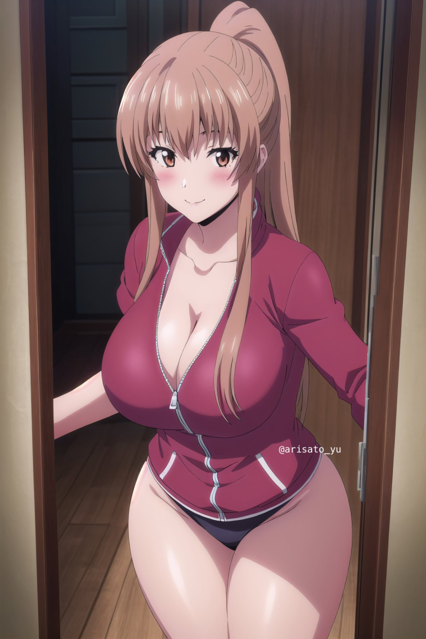 ai_generated arisato_yu blue_panties blue_underwear blush blushing brown_eyes brown_hair cleavage doorway jacket kazane_aoba keijo!!!!!!!! opening_door panties pink_jacket pony_tail ponytail sports_jacket underwear