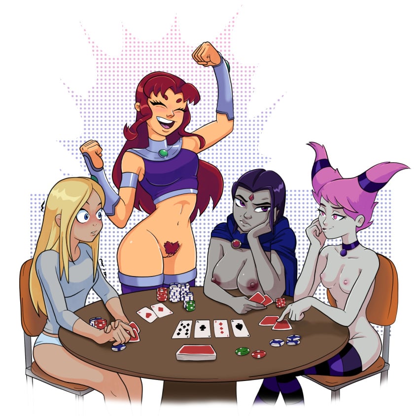 4girls artist_request big_breasts blonde_hair blue_eyes breasts bush cartoon_network casual clothing dark_skin dc dc_comics female female_only hopethishelps human jinx_(dc) large_breasts medium_breasts multiple_girls nipples nude pale_skin pink_eyes pink_hair poker poker_cards poker_chip poker_table pubic_hair purple_eyes purple_hair pussy pussy_hair rachel_roth raven_(dc) red_hair small_breasts starfire strip_poker stripping stripping_game teen_titans terra terra_(dc) thick_thighs wide_hips