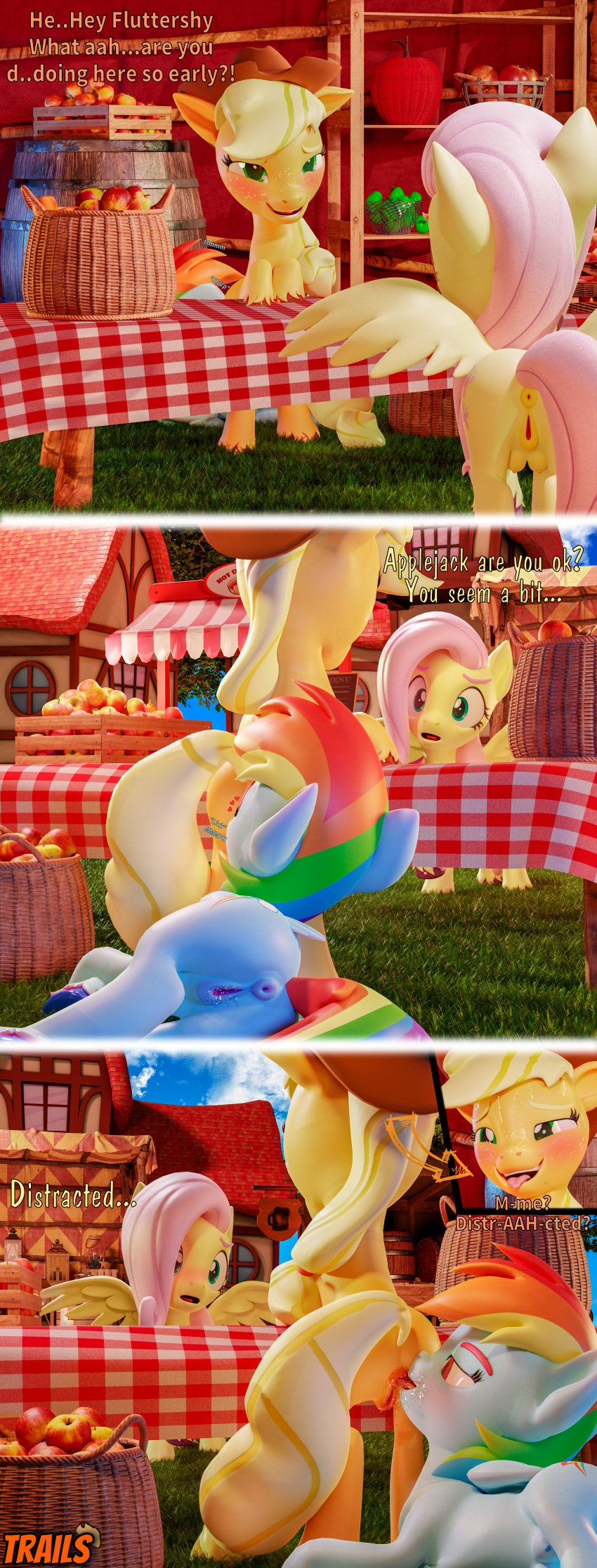 3d_(artwork) animal_genitalia animal_pussy apple applejack_(mlp) ass blender blue_body blue_fur digital_media_(artwork) earth_pony equid equine equine_genitalia equine_pussy female female/femald feral fluttershy_(mlp) food friendship_is_magic fruit genitals hasbro horse mammal my_little_pony orange_body orange_fur pegasus pony pussy rainbow_dash_(mlp) rimming spread_wings trailssfm wings yellow_body yellow_fur