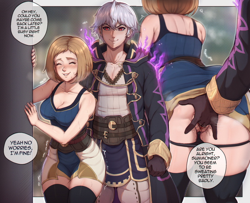 1boy 1girls ass black_panties couple english_text evil_grin evil_smile evomanaphy female fingering fingering_from_behind fingering_partner fire_emblem fire_emblem_awakening fire_emblem_heroes front_and_back grima_(fire_emblem) kiran_(fire_emblem) kiran_(fire_emblem)_(female) large_ass looking_at_viewer male masturbating_partner naughty_face nintendo panties public public_masturbation robin_(fire_emblem) robin_(fire_emblem)_(male) source_request standing stealth_fingering stealth_sex sweat text