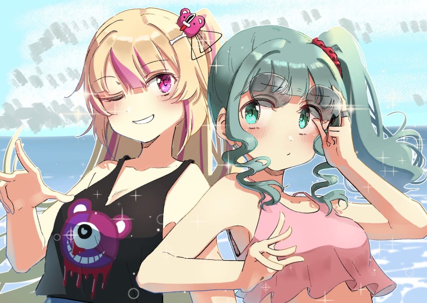 2023 2girls ashley_taylor beach breasts clothed clothing female female_focus female_only fully_clothed futaba_sana green_eyes green_hair human human_only light-skinned_female light_skin long_hair looking_at_viewer magia_record:_mahou_shoujo_madoka_magica_gaiden mahou_shoujo_madoka_magica outdoors outside pink_eyes pink_hair puella_magi_madoka_magica sand sansho_mesp sea seaside smile smiling smiling_at_viewer sparkles water wavy_hair young