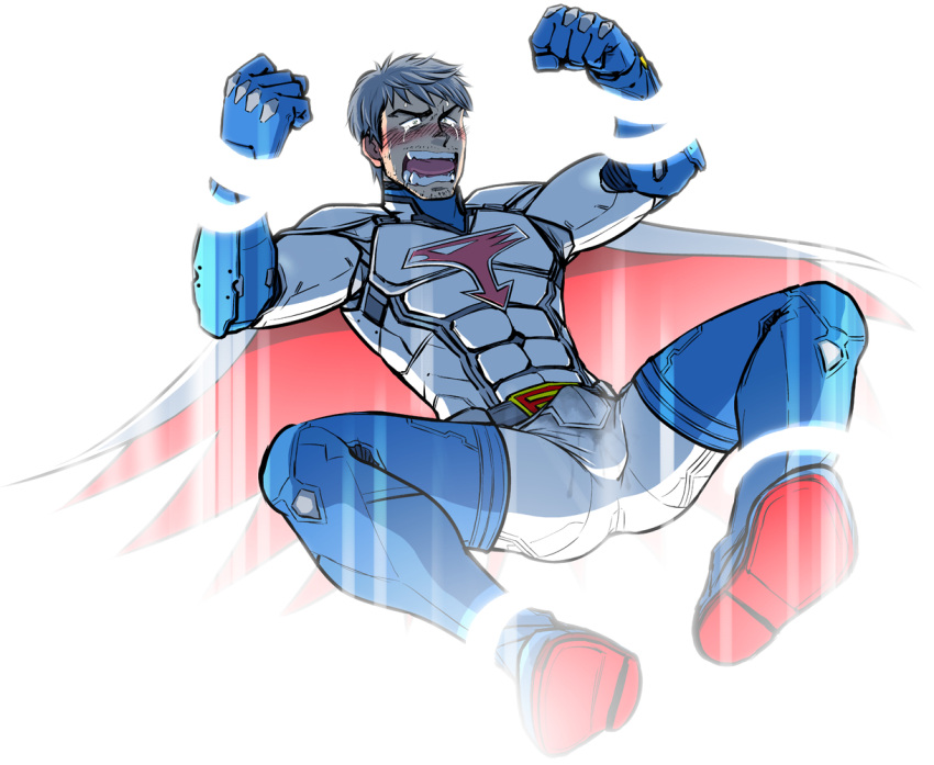 10s 1boy 2018 ass blush blush_lines bodysuit bulge erect_penis erection gatchaman gay ken_the_eagle male male_only muscular muscular_male simple_background solo spread_legs superhero tagme taku_hiraku tears white_hair