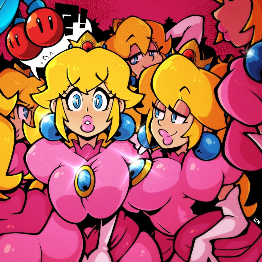 ! ? ass blonde_hair blue_eyes breasts cherry clone crown double_cherry dress earrings elbow_gloves female food fruit gloves highres jewelry large_breasts legendofnerd lips mario_(series) multiple_views pink_dress pink_gloves pink_lips princess_peach selfcest speech_bubble sphere_earrings super_mario_3d_world