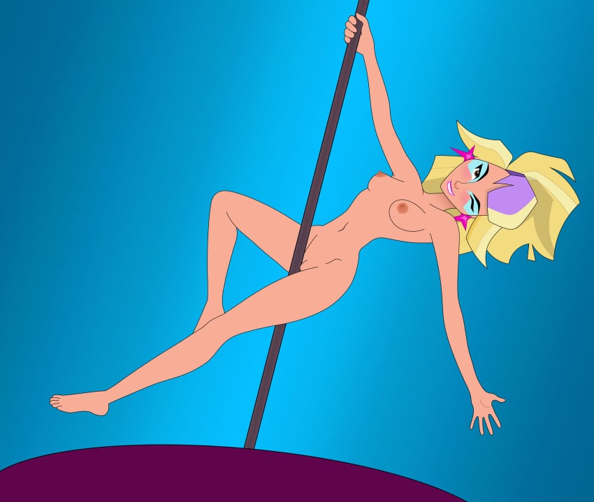 1girls big_hero_6 big_hero_6:_the_series blonde_hair brown_eyes juniper_(big_hero_6) looking_at_viewer marvel mehefin013 nude pole_dancing winking_at_viewer