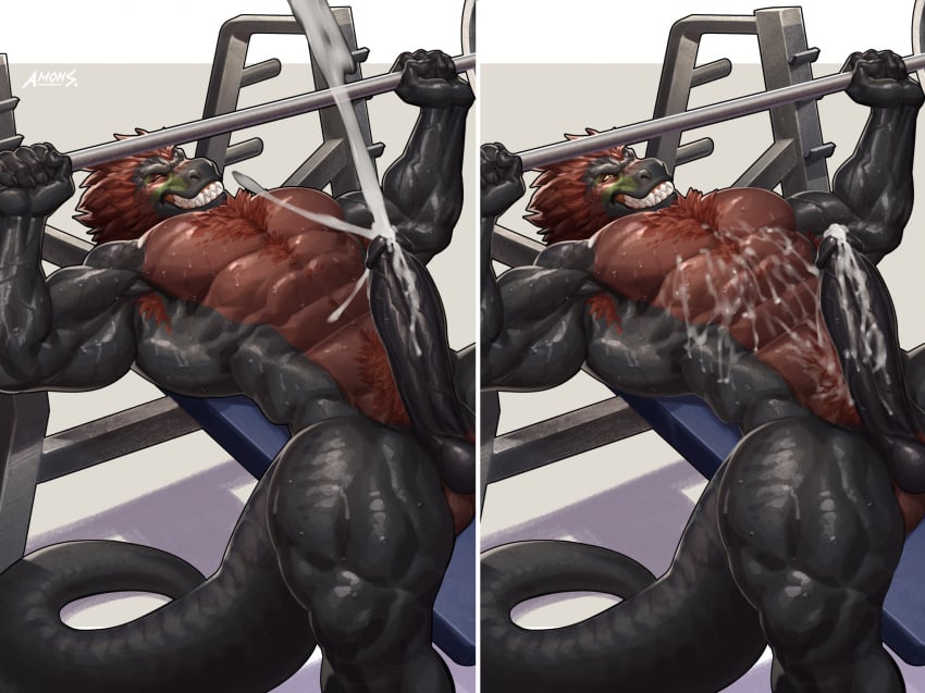 1boy abs amon-sydonai anthro barbell big_muscles big_penis black_body black_scales bodily_fluids body_hair chest_hair clenched_teeth closed_eyes cum cum_on_chest cum_on_own_chest cum_on_self cumshot dinosaur ejaculation exercise feathered_dinosaur feathered_scalie feathers genital_fluids genitals hair hands-free hi_res male male_only muscular muscular_male nude penis red_body red_hair red_scales reptile scales scalie solo sweat tagg teeth theropod tyrannosaurid tyrannosauroid tyrannosaurus weight_bench weightlifting weights workout