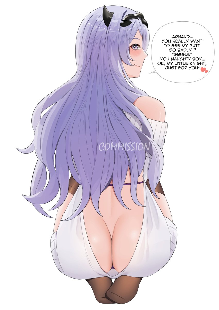 1girls alternate_costume ass breasts camilla_(fire_emblem) commission english_text female female_only fire_emblem fire_emblem_fates genm7 hair_over_one_eye large_ass light_skin long_hair nintendo purple_eyes purple_hair solo text