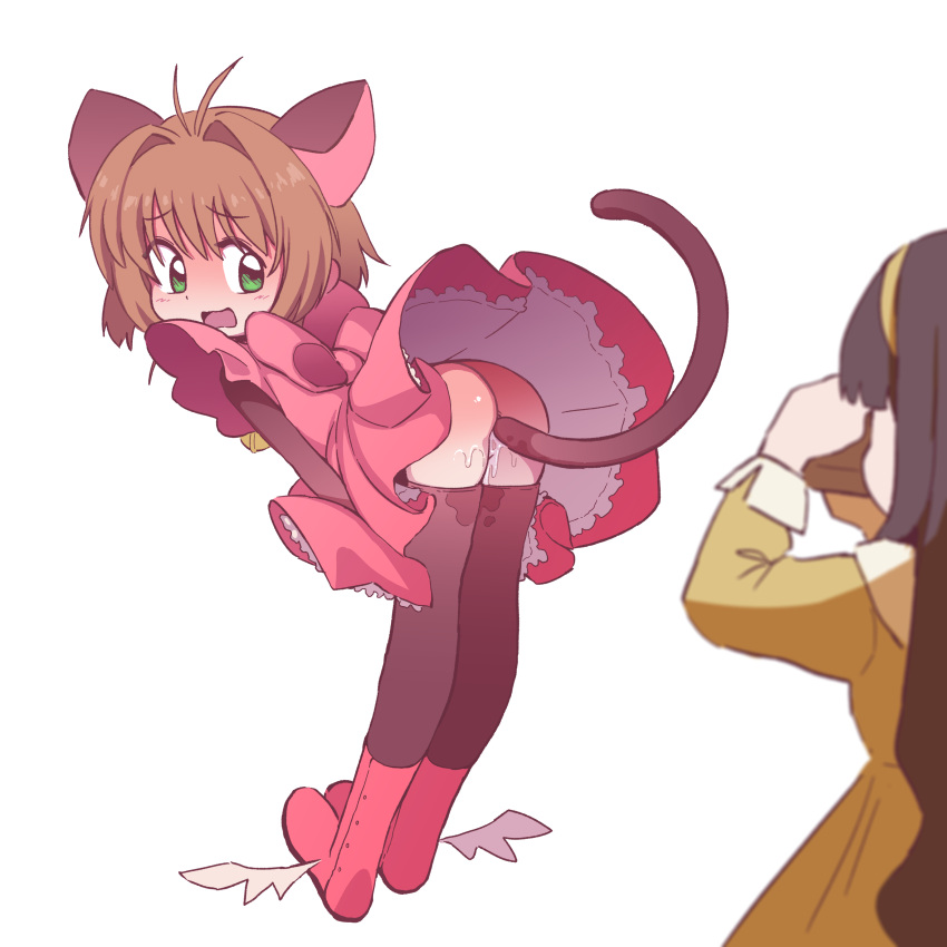 2girls absurd_res ass breasts brown_hair cardcaptor_sakura cat_ears cat_tail clothing dress duo female female/female footwear hi_res human light-skinned_female light_skin magical_girl_outfit open_mouth pink_clothing pink_footwear sakura_kinomoto short_hair solo_focus tail_plug thighhighs tomoyo_daidouji unknown_artist yellow_hairband