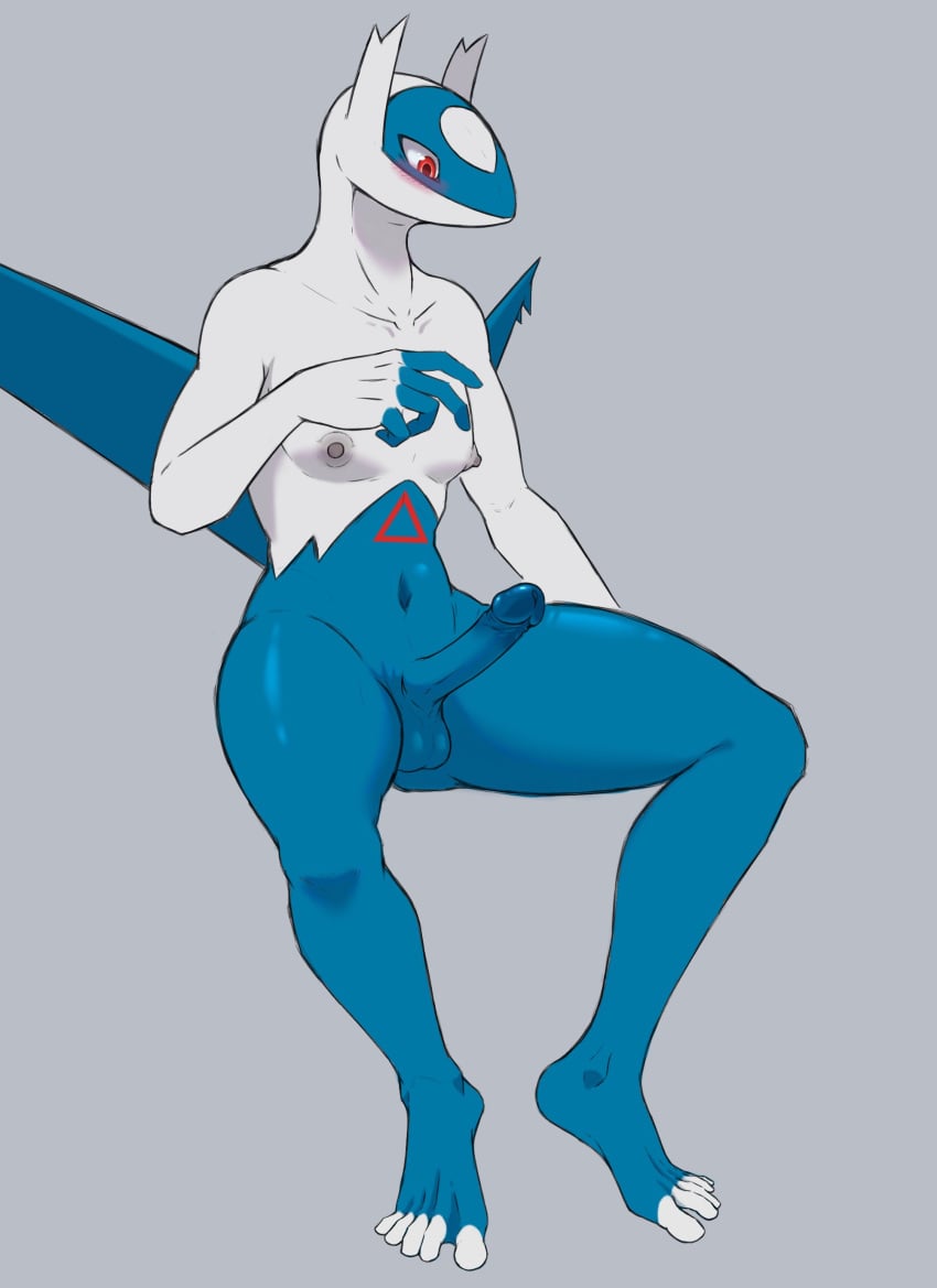 absurd_res anthro blush erection feet femboy generation_3_pokemon genitals hi_res latios legendary_pokemon male nintendo nipples penis pokemon pokemon_(species) solo toes wings yogore_shark