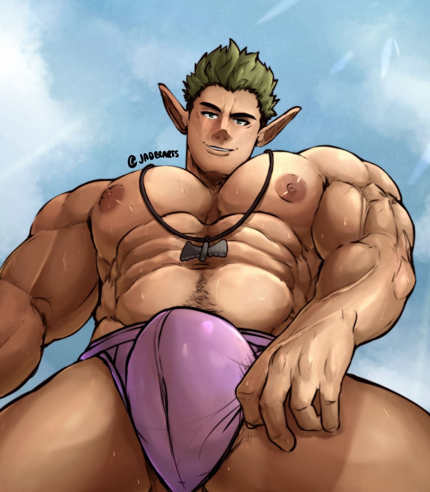 1boy bara bara_tits barazoku big_bulge bulge elf gay huge_bulge kraft_(sousou_no_frieren) looking_at_viewer looking_down looking_down_at_viewer low-angle_view male male_focus male_nipples male_only manly muscular muscular_male nipples penis penis_outline pointy_ears solo solo_male sousou_no_frieren sweat sweating underwear yaoi