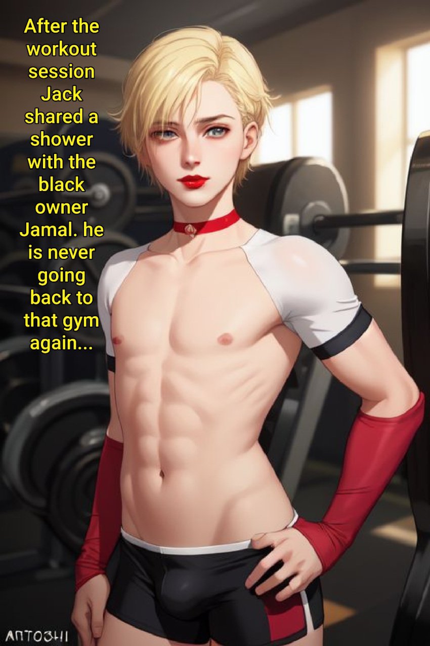 1boy 1femboy 3d abs afroking ai_generated anime_style athletic athletic_male blonde_hair bulge caption choker cute cute_face english_text exposed_breasts exposed_nipples exposed_torso femboy feminine_male fit fit_male flat_chest flat_chested gay green_eyes gym humiliation lipstick makeup male male_only muscular muscular_male naked naked_male pale-skinned_male pale_skin petite red_lipstick sissy sleeves solo spandex spandex_shorts tall text topless topless_male twink white_body white_skin yaoi