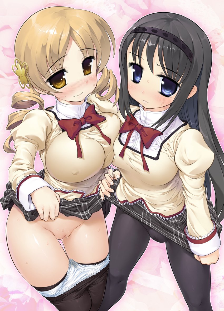 akemi_homura black_hair blonde_hair blue_eyes blush breasts cameltoe drill_hair erect_nipples hair_ornament hairband highres long_hair mahou_shoujo_madoka_magica multiple_girls panties panties_under_pantyhose panty_pull pantyhose puffy_sleeves pussy raidon school_uniform skirt thighhighs tomoe_mami twin_drills uncensored underwear wet yellow_eyes