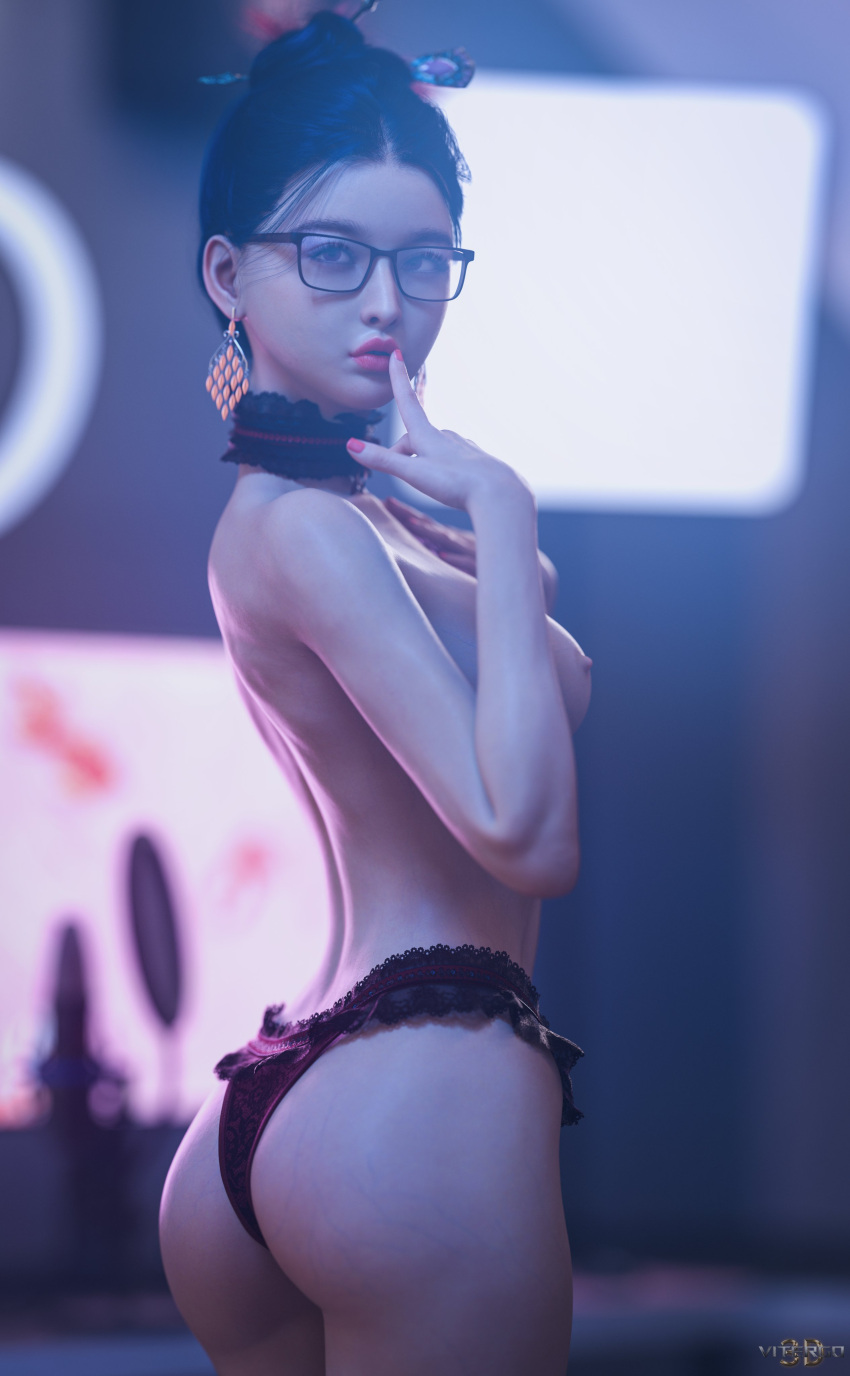 1female 1woman 3d 3d_(artwork) 3d_model asian black_hair brown_hair curious_look erect_nipples female female_focus female_human female_only glasses indoor_nudity indoors inquisitive oc original original_character original_female_character pale-skinned_female pale_skin panties_only petite petite_body petite_breasts petite_female petite_girl solo solo_female solo_focus vitergo3d