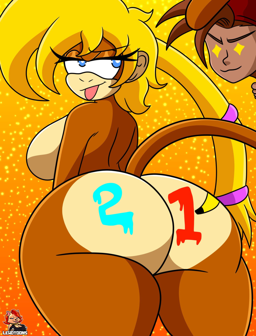 1boy 1girls anthro ass breasts female inviting lewdtoons monkey monkey_girl nude paint_on_ass primate tongue_out