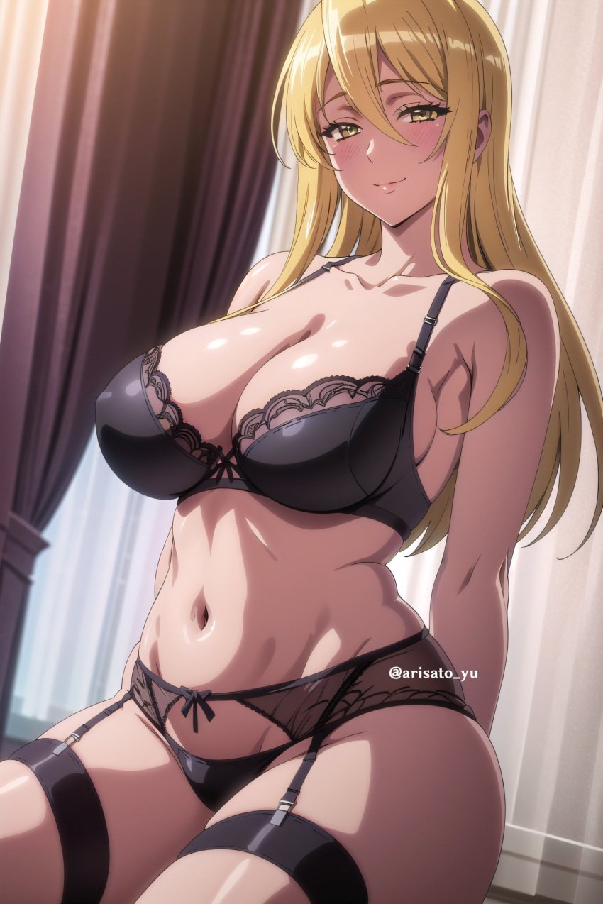 1girls adult adult_female ai_generated amber_eyes arisato_yu artist_name big_breasts black_bra black_lingerie black_panties black_stockings blonde blonde_female blonde_hair blonde_hair_female blush blushing breasts cleavage curtain curtains highschool_of_the_dead hourglass_figure large_breasts lingerie lingerie_bra lingerie_panties long_hair looking_at_viewer matching_hair/eyes mature_female realistic_breast_size realistic_proportions school_nurse shizuka_marikawa smile smiling smiling_at_viewer solo solo_female solo_focus stockings straight_hair thick_thighs thighs wide_hips yellow_eyes yellow_hair