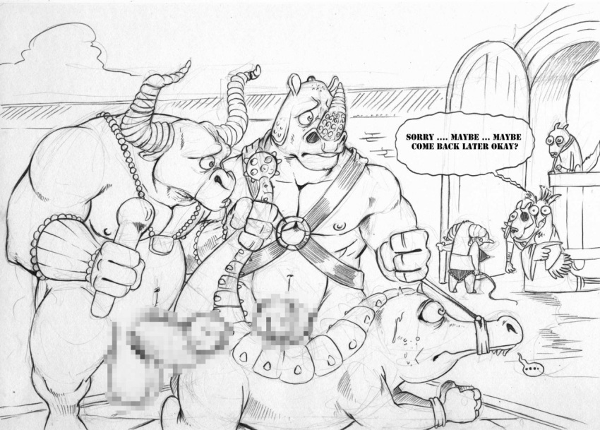 avian black_and_white bondage canine caprine censored crocodile dreamworks english_text eye_patch female fur furryrevolution gay goat heart horns humor kung_fu_panda kung_fu_panda_2 lord_shen male master_charging_rhino master_croc master_thundering_ox monochrome ox paramount_pictures peacock reptile rhino scalie sex_toy soothsayer tail text wolf